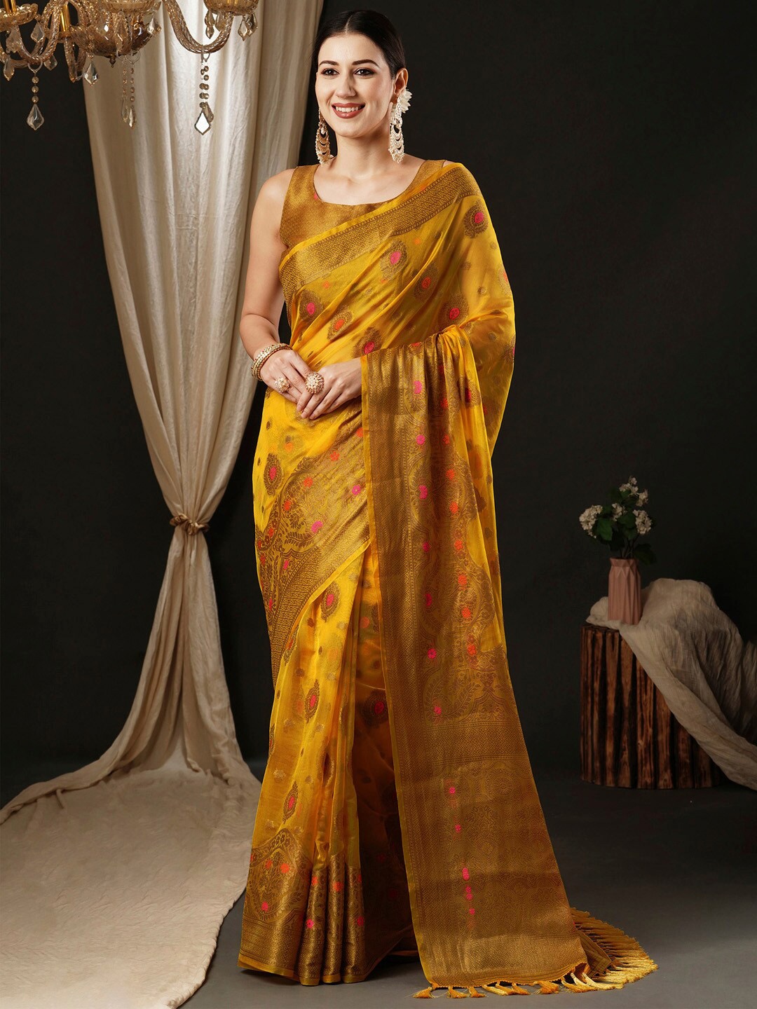 

Anouk Ethnic Motifs Woven Design Zari Organza Banarasi Saree, Yellow