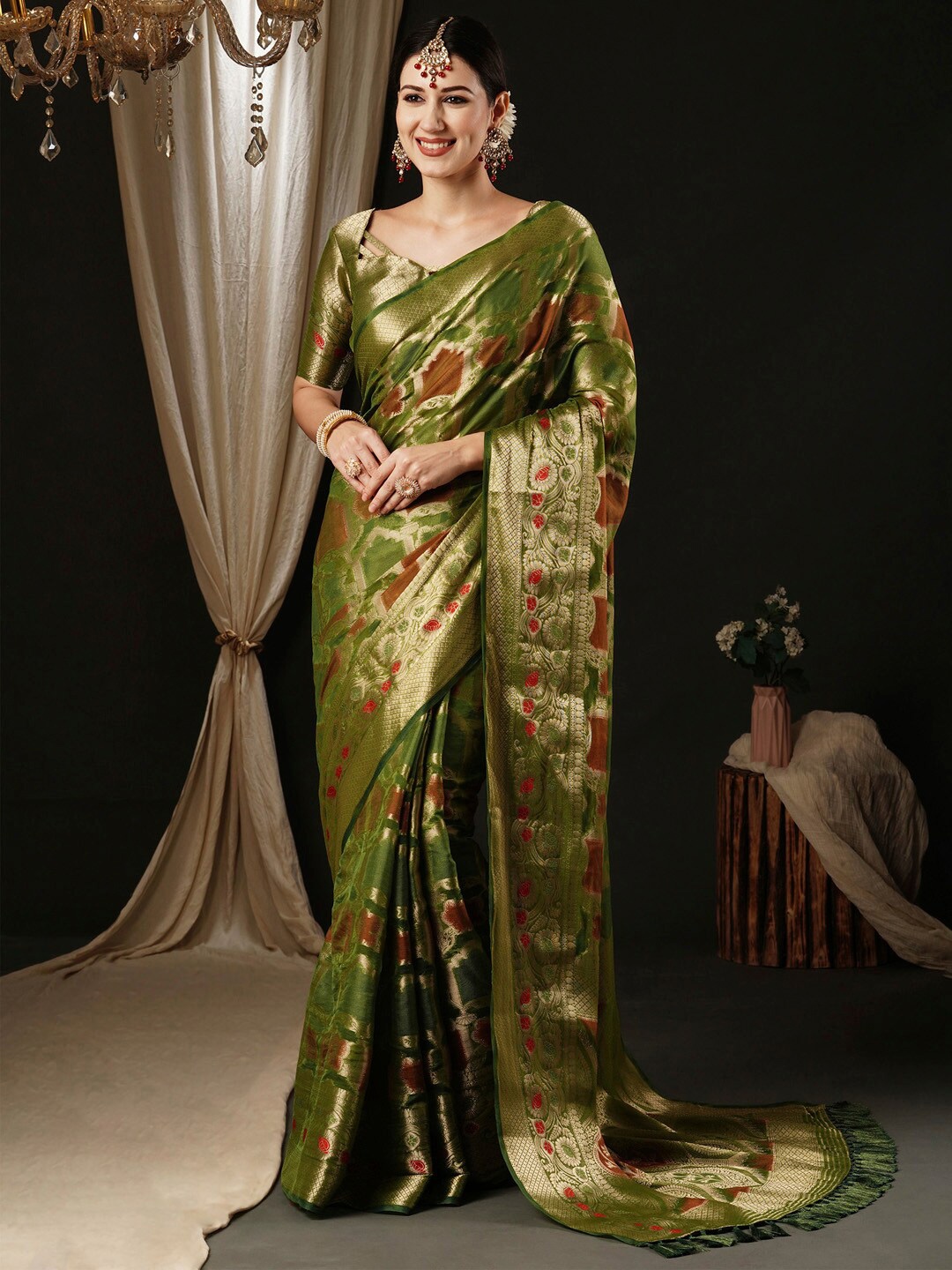 

Anouk Ethnic Motifs Woven Design Zari Organza Banarasi Saree, Olive