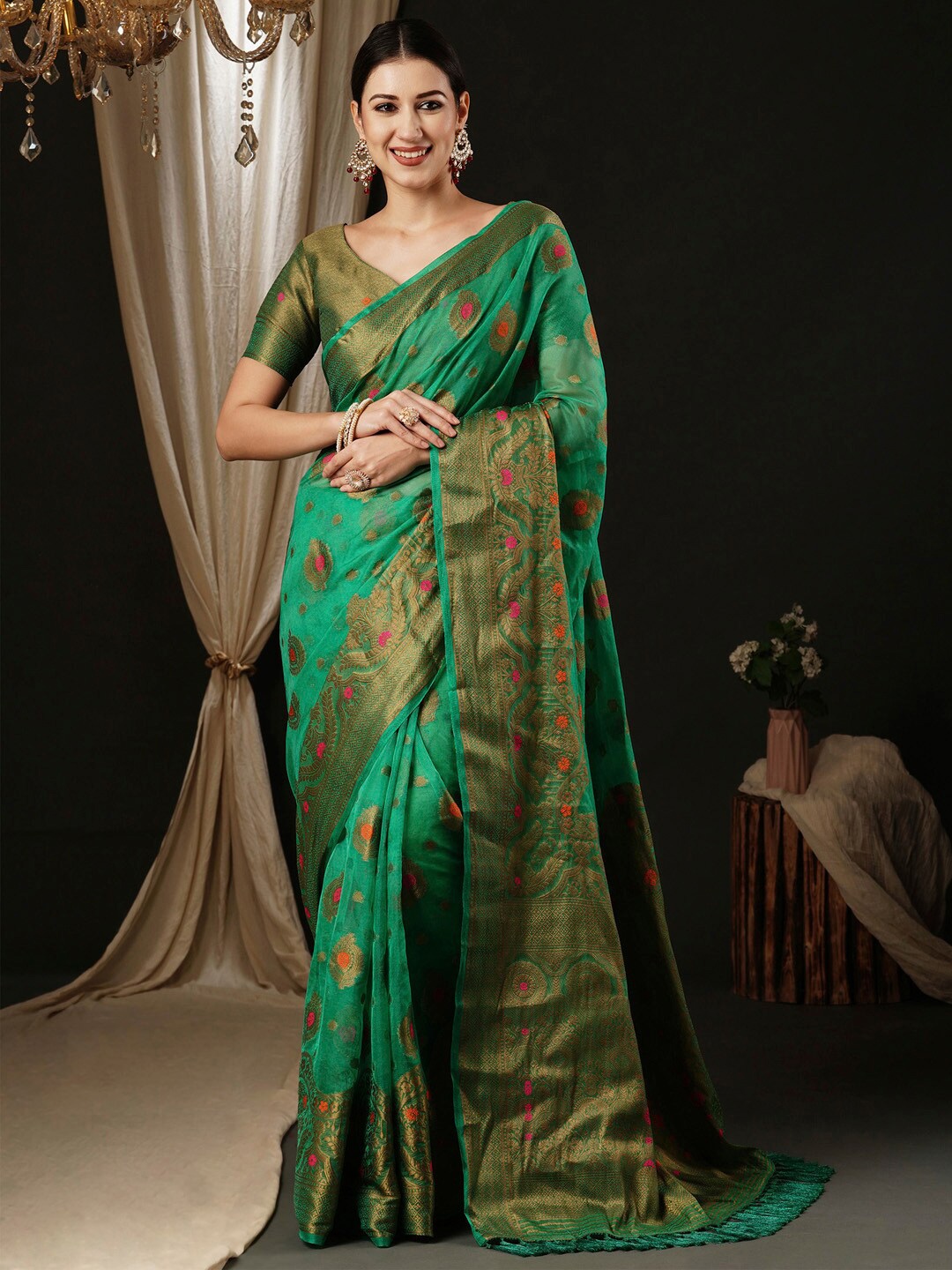 

Anouk Ethnic Motifs Woven Design Zari Organza Banarasi Saree, Teal