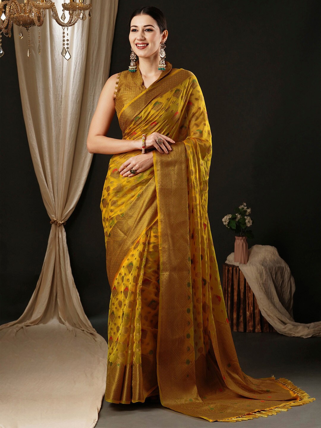 

Anouk Ethnic Motifs Woven Design Zari Organza Banarasi Saree, Yellow