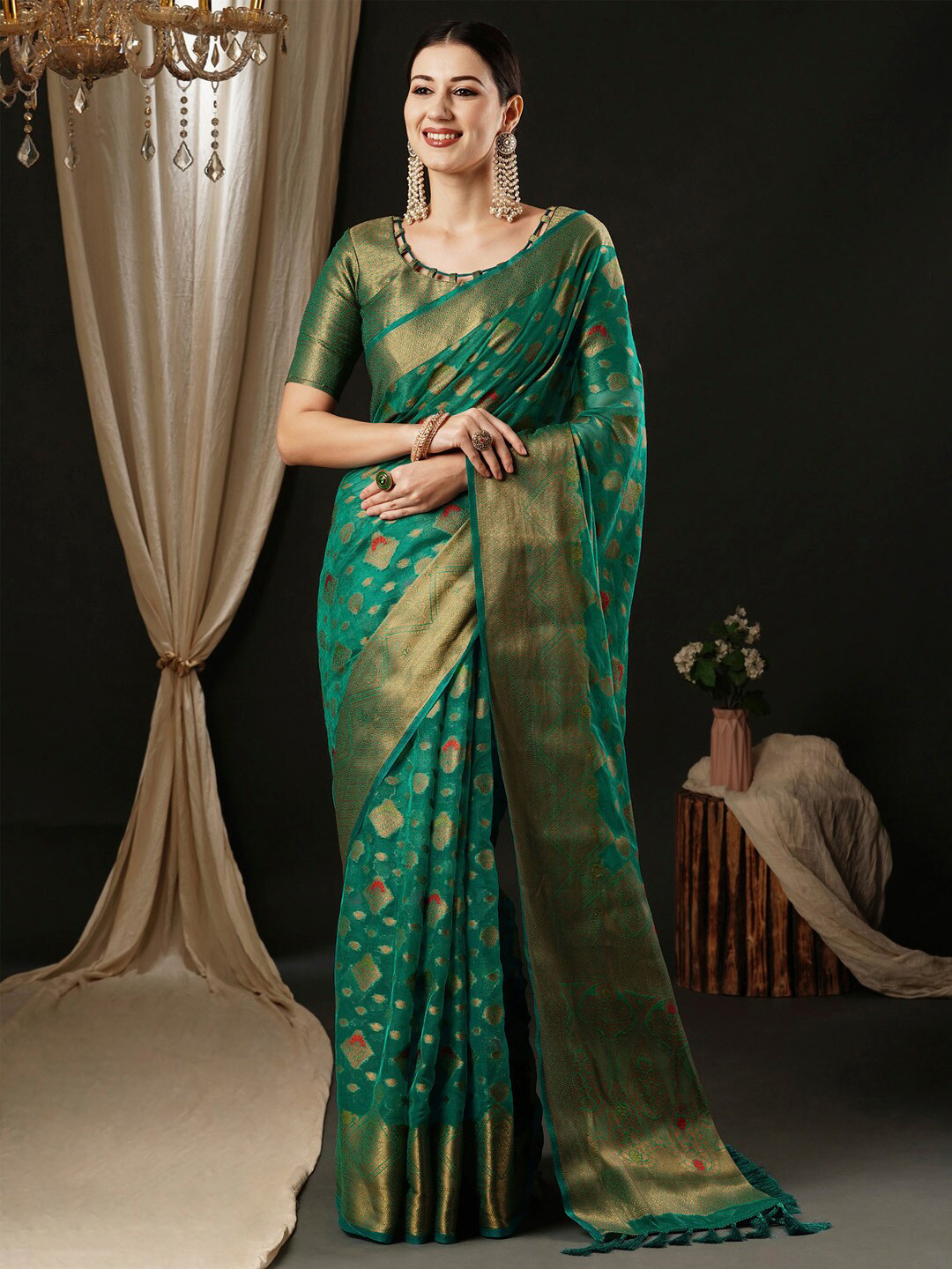 

Anouk Green Ethnic Motifs Woven Design Zari Banarasi Saree, Teal