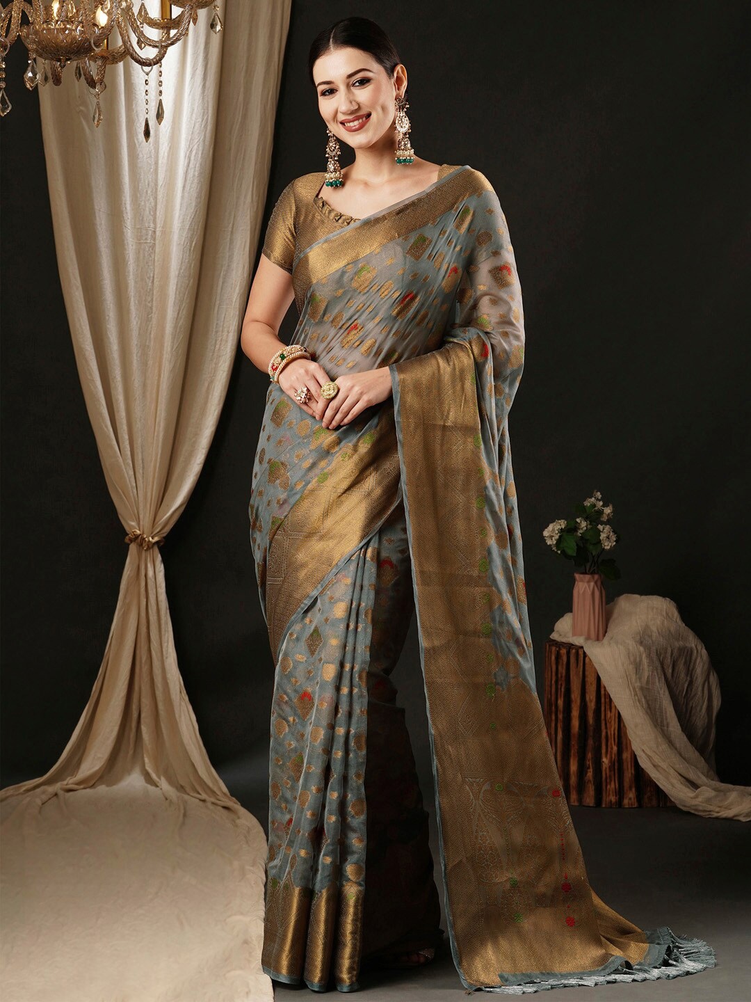 

Anouk Woven Design Zari Organza Banarasi Saree, Grey