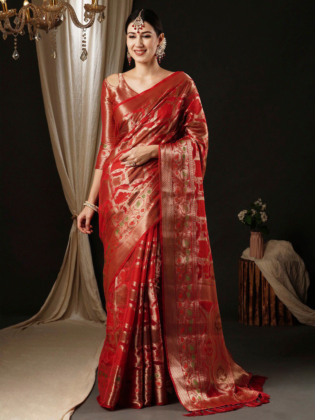 

Anouk Ethnic Motifs Woven Design Zari Organza Banarasi Saree, Red