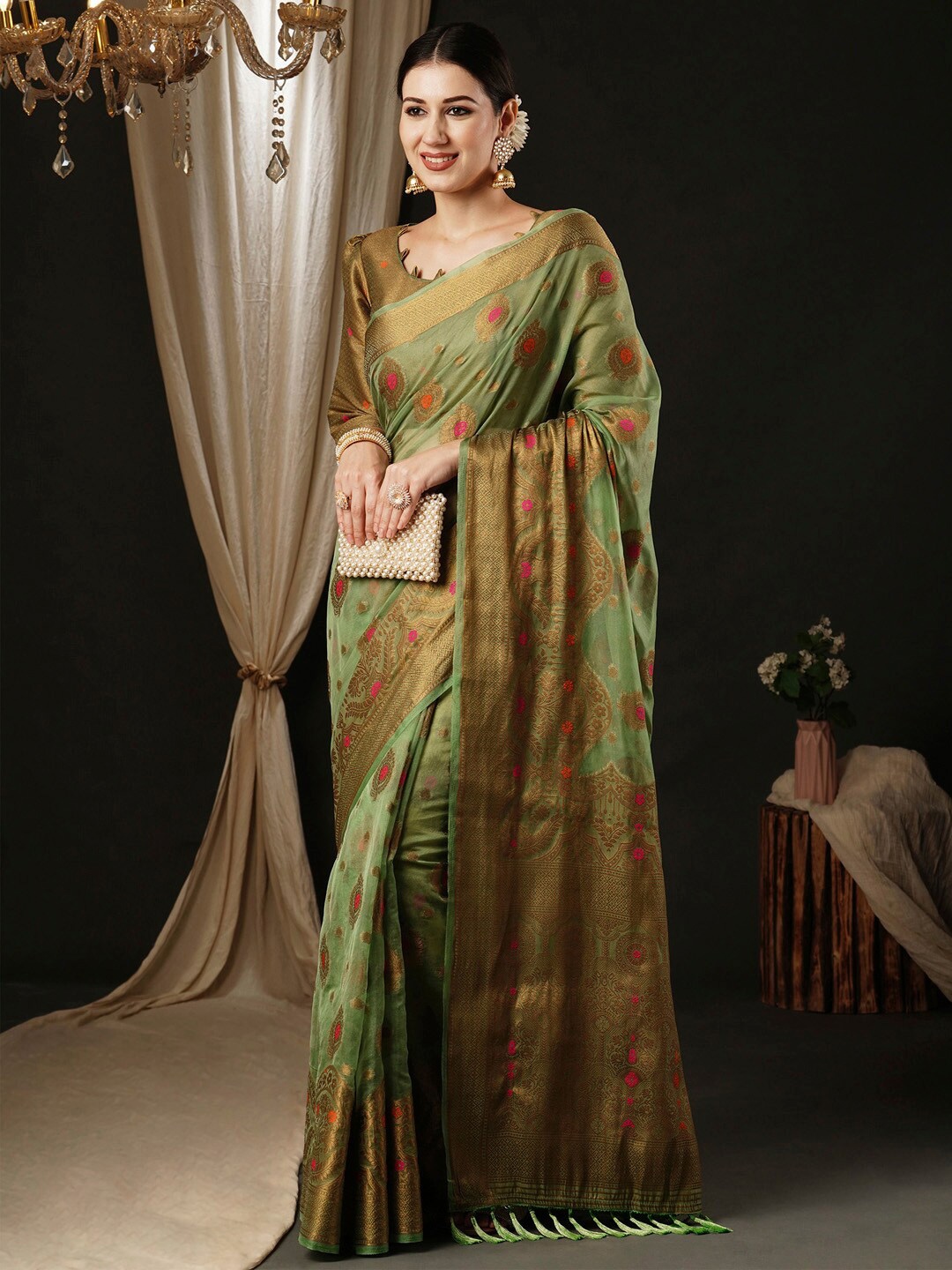 

Anouk Ethnic Motifs Woven Design Zari Organza Banarasi Saree, Green