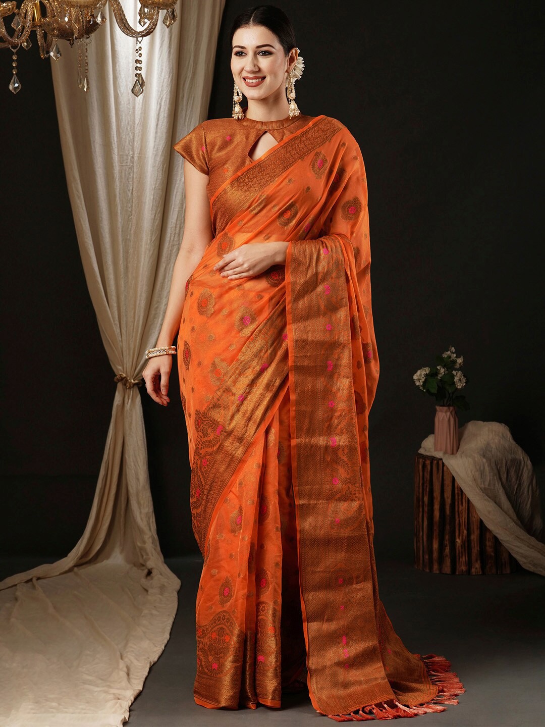 

Anouk Ethnic Motifs Woven Design Zari Organza Banarasi Saree, Orange