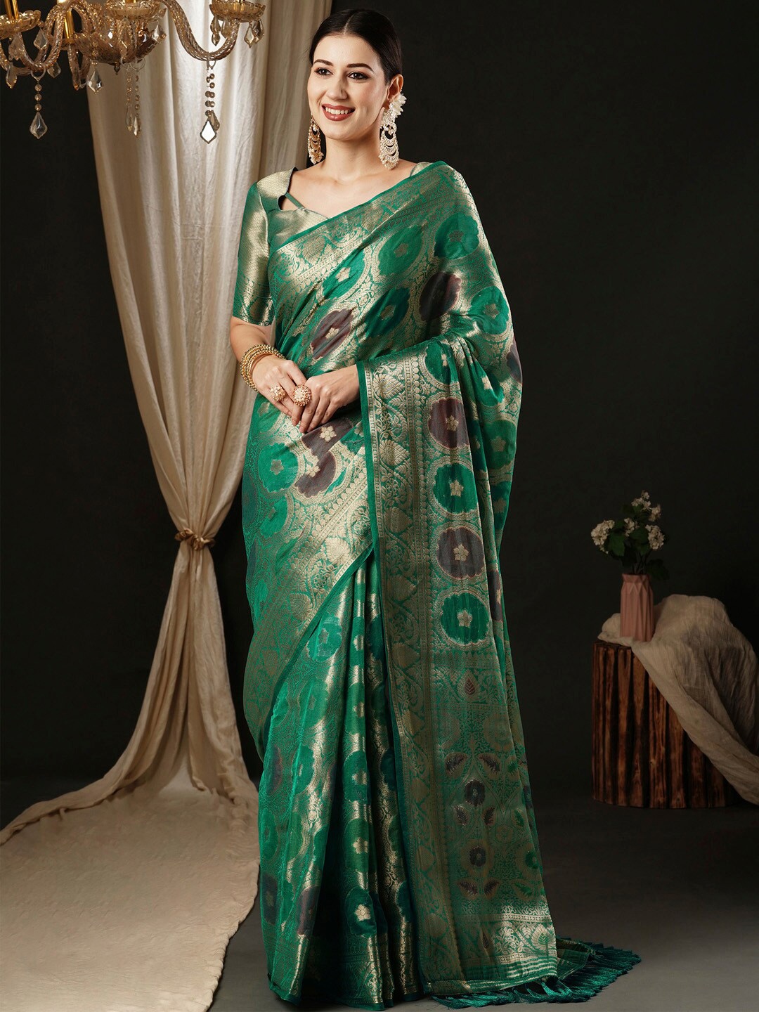 

Anouk Ethnic Motifs Woven Design Zari Organza Banarasi Saree, Teal