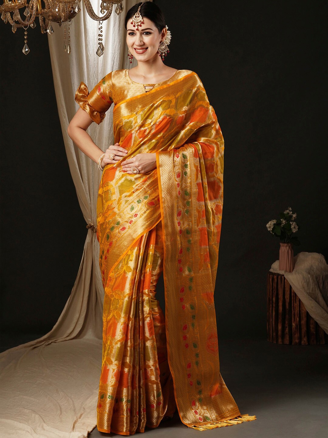 

Anouk Ethnic Motifs Woven Design Zari Organza Banarasi Saree, Yellow