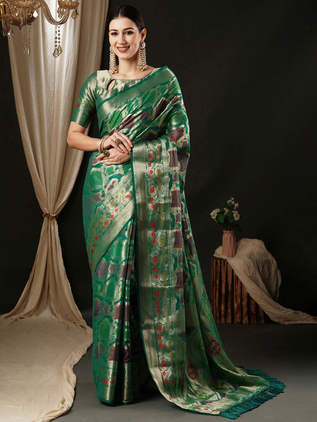 

Anouk Ethnic Motifs Woven Design Organza Banarasi Zari Saree, Teal