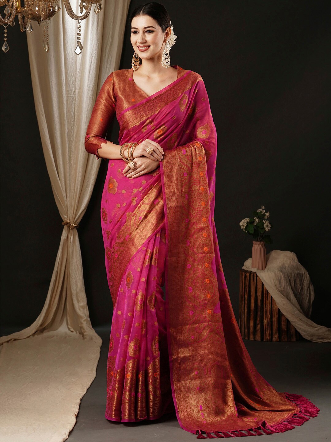 

Anouk Ethnic Motifs Woven Design Zari Organza Banarasi Saree, Pink