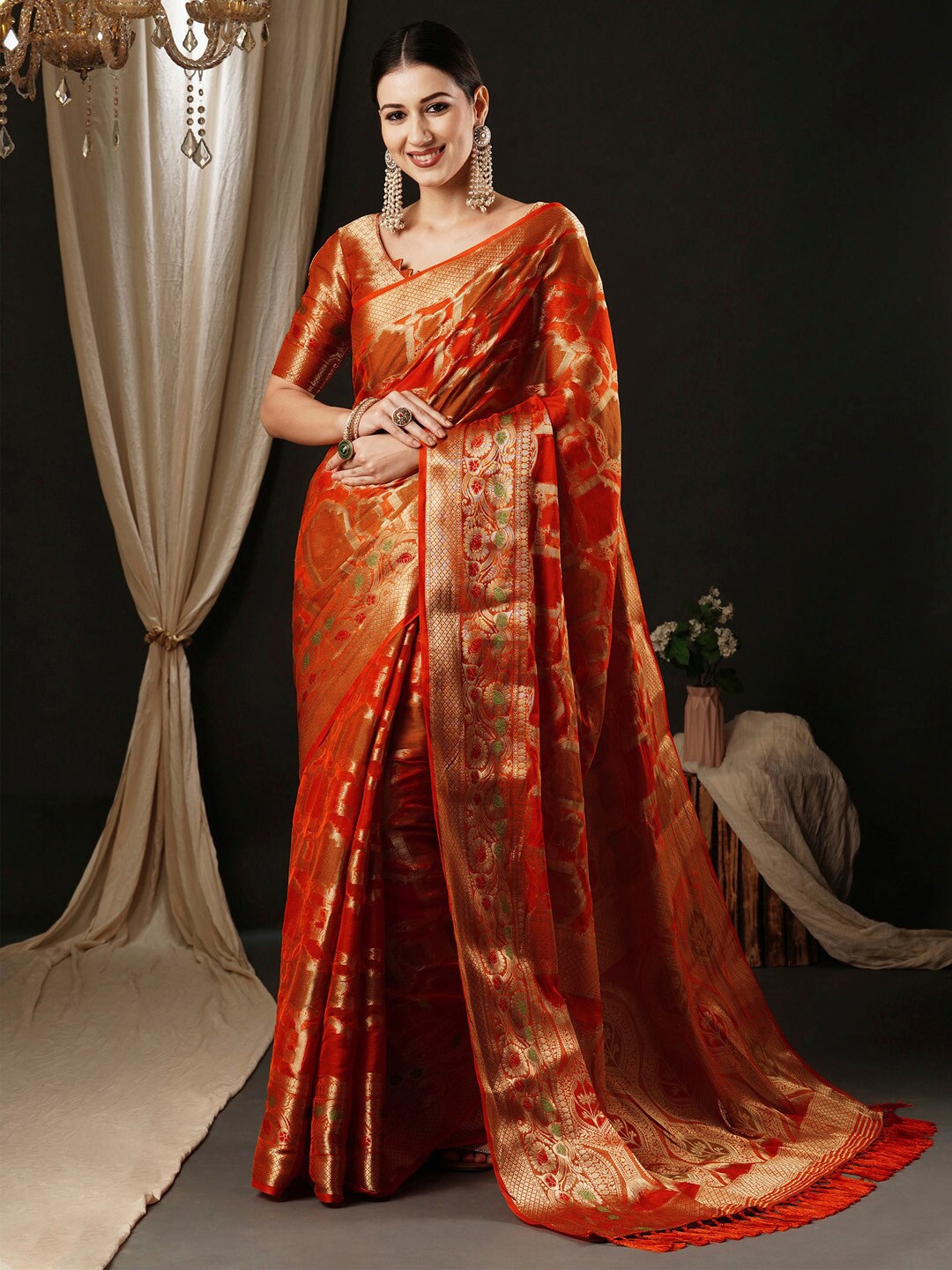 

Anouk Orange & Gold Toned Woven Design Zari Organza Banarasi Saree
