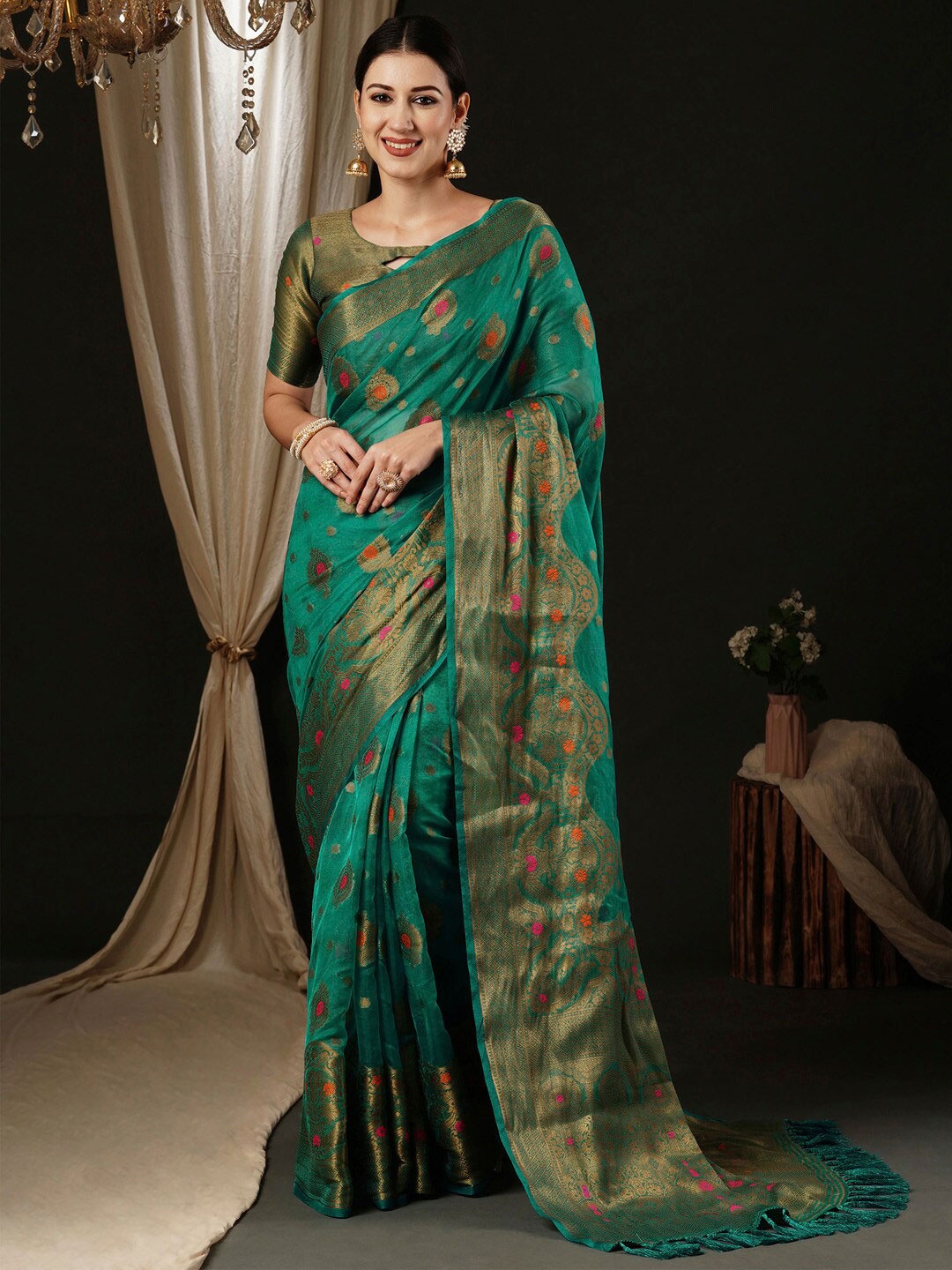 

Anouk Ethnic Motifs Woven Design Zari Organza Banarasi Saree, Blue