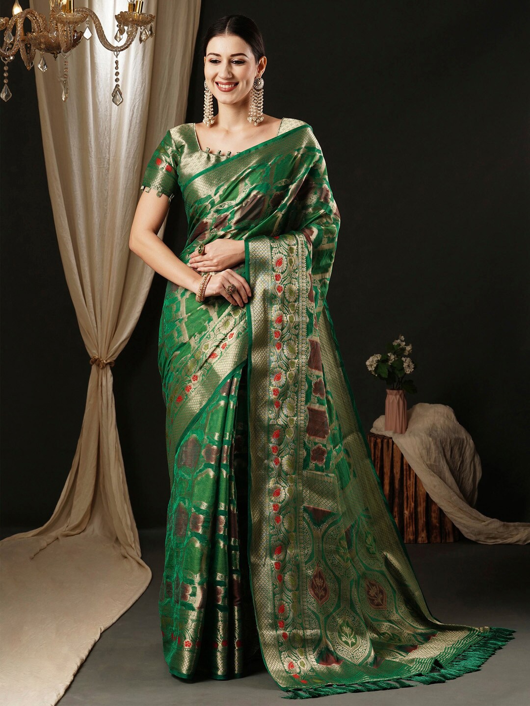 

Anouk Teal green Floral Woven Design Zari Organza Banarasi Saree