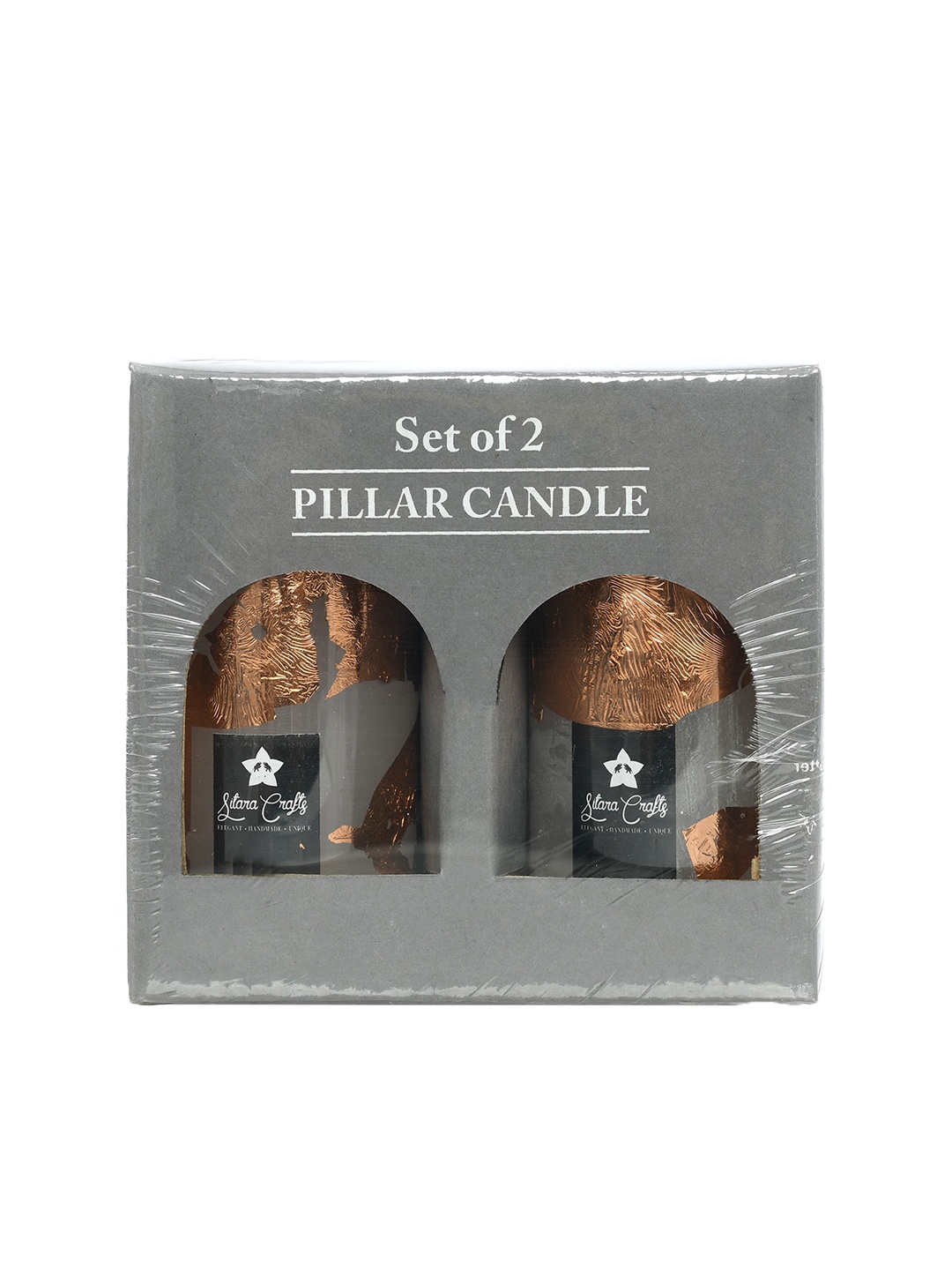 

Sitara Crafts White & Rose Gold Toned 2 Pieces Pillar Wax Candles With Rose Gold Foil