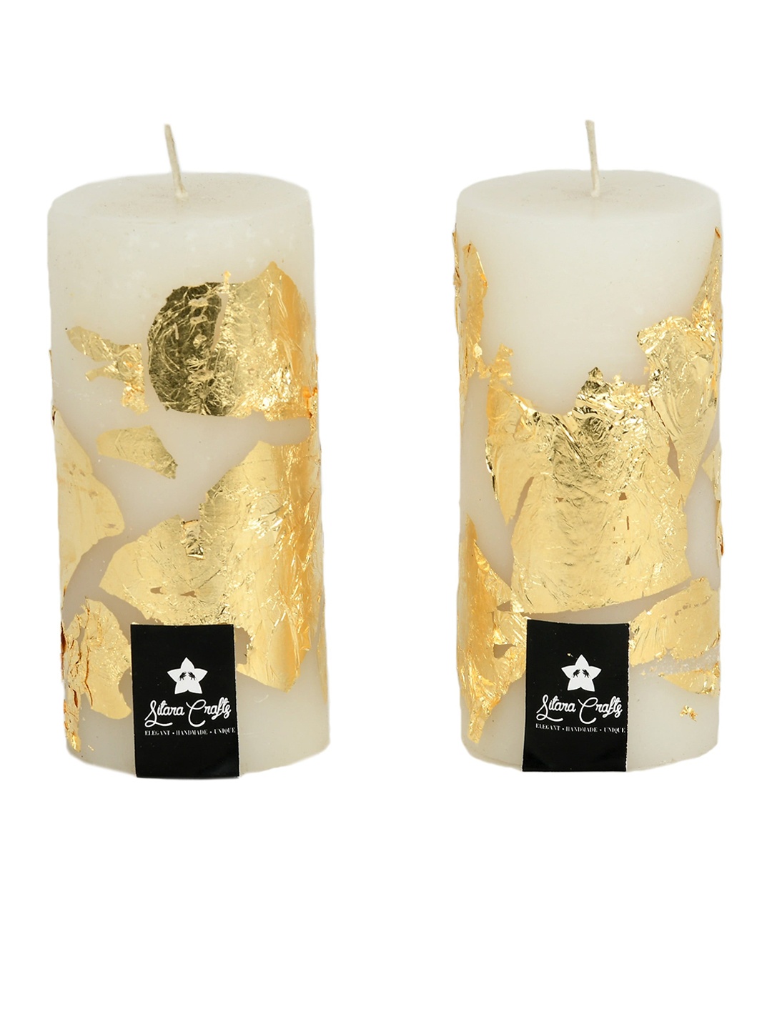 

Sitara Crafts Gold Toned & White 2 Pieces Pillar Candle With Golden Foil