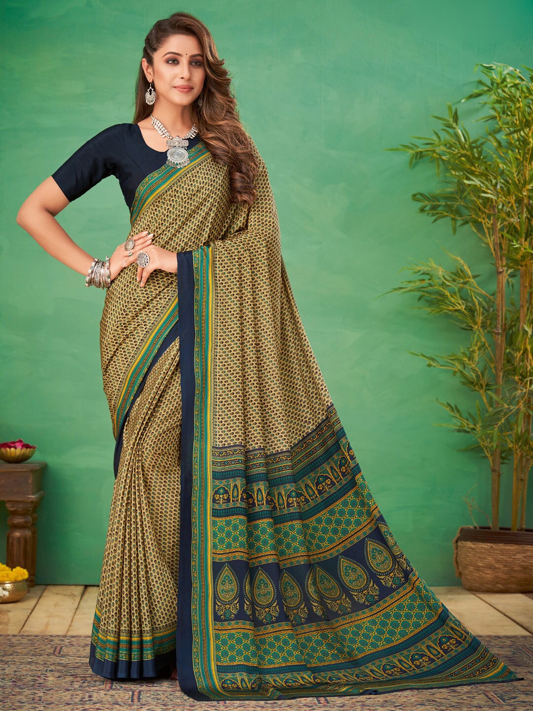 

Mitera Ethnic Motifs Printed Pure Crepe Bagru Saree, Beige