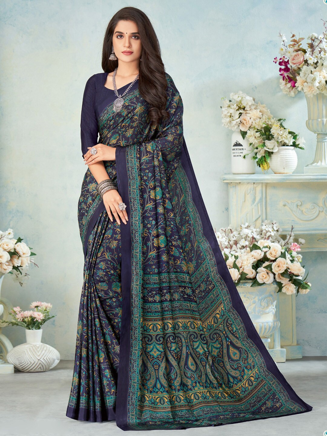 

Mitera Floral Printed Poly Crepe Bagru Saree, Navy blue