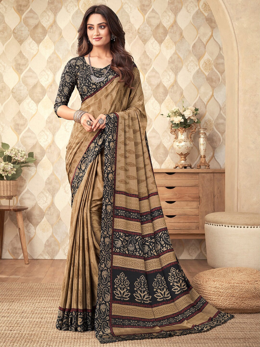 

Mitera Ethnic Motifs Printed Pure Crepe Bagru Saree, Beige