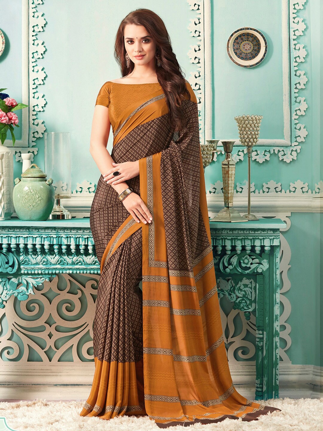 

Mitera Ethnic Motifs Printed Poly Crepe Bagru Saree, Brown