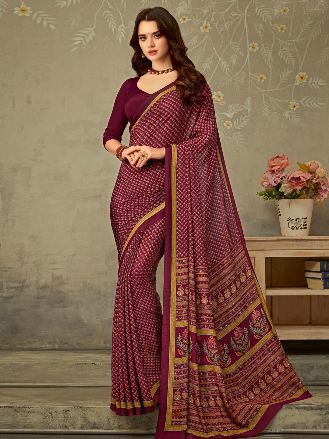 

Mitera Ethnic Motifs Poly Crepe Bagru Saree, Magenta