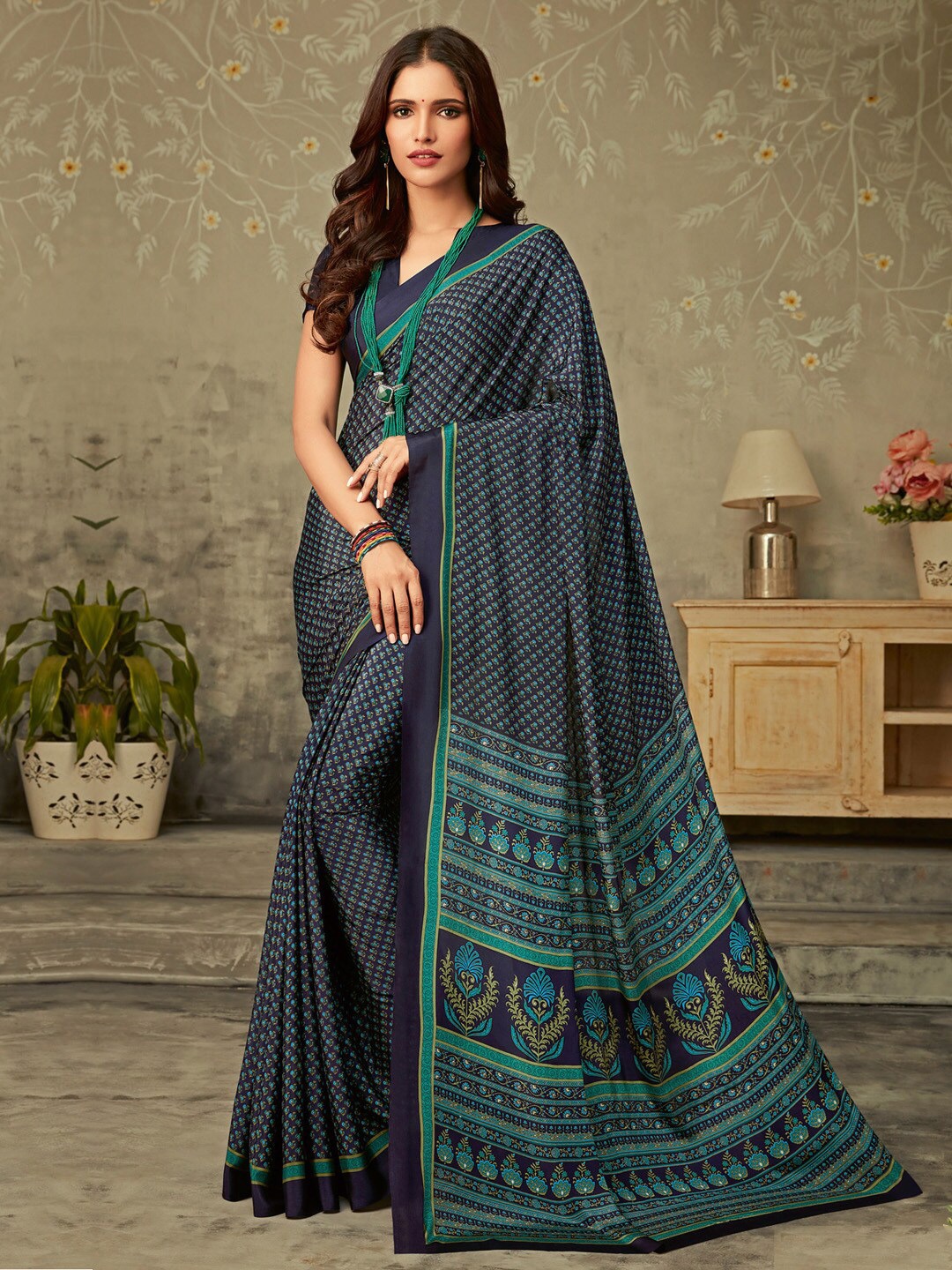 

Mitera Ethnic Motifs Printed Poly Crepe Bagru Saree, Navy blue