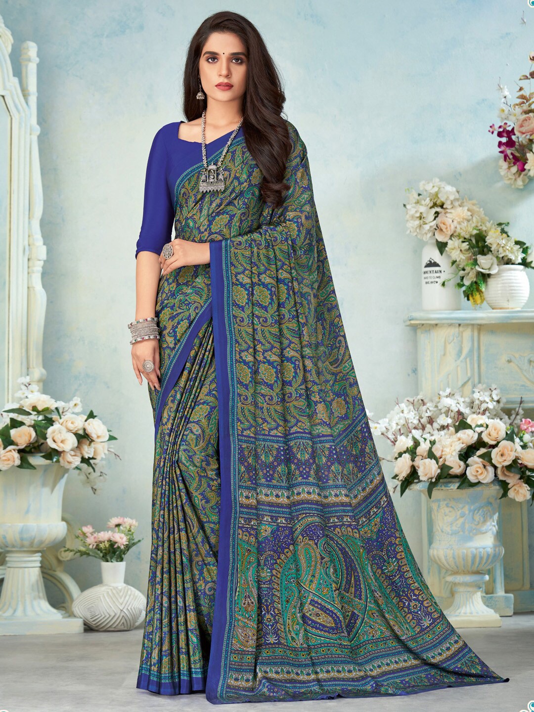 

Mitera Ethnic Motifs Printed Pure Crepe Bagru Saree, Blue