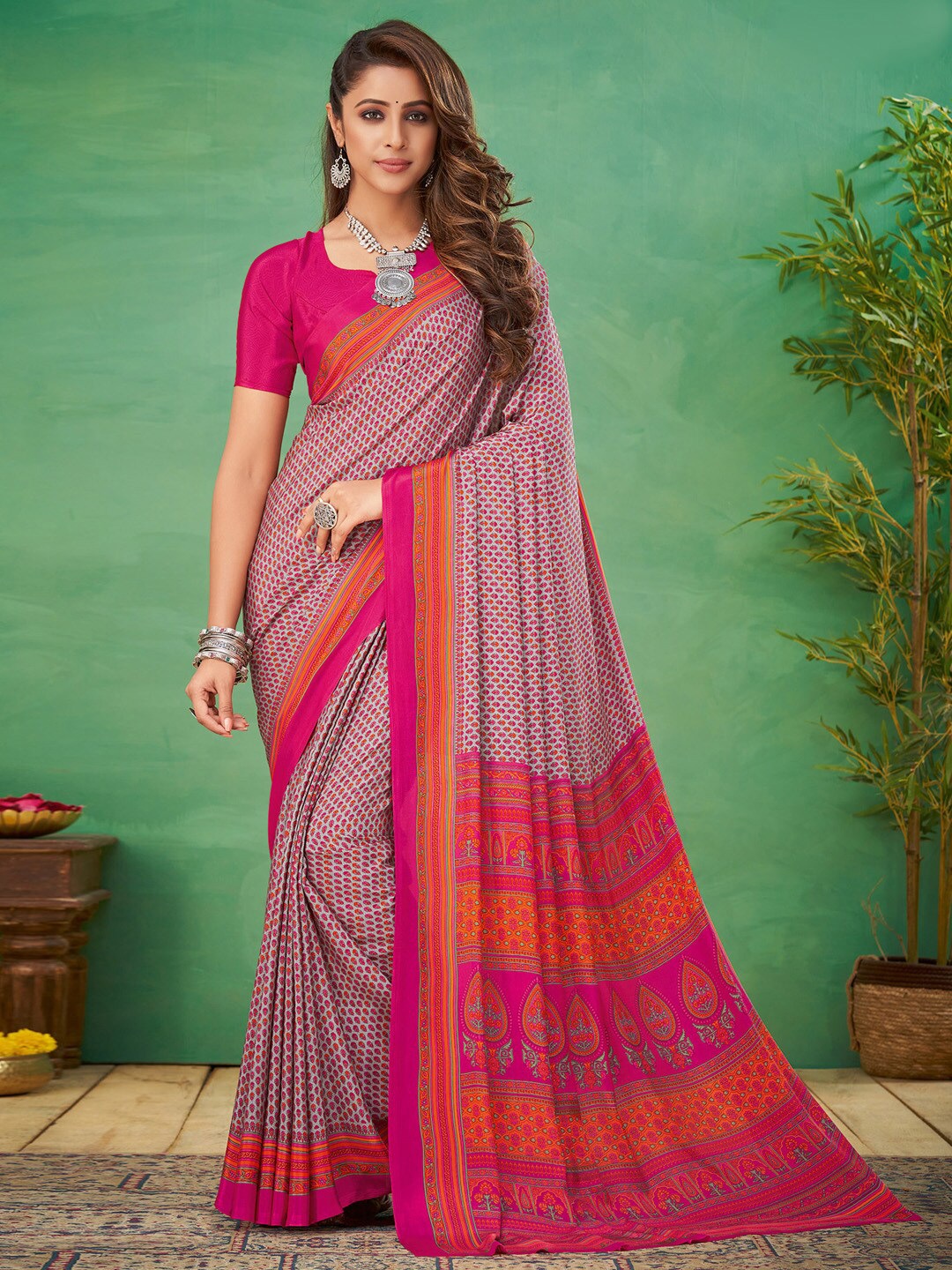 

Mitera Ethnic Motifs Printed Pure Crepe Bagru Saree, Grey