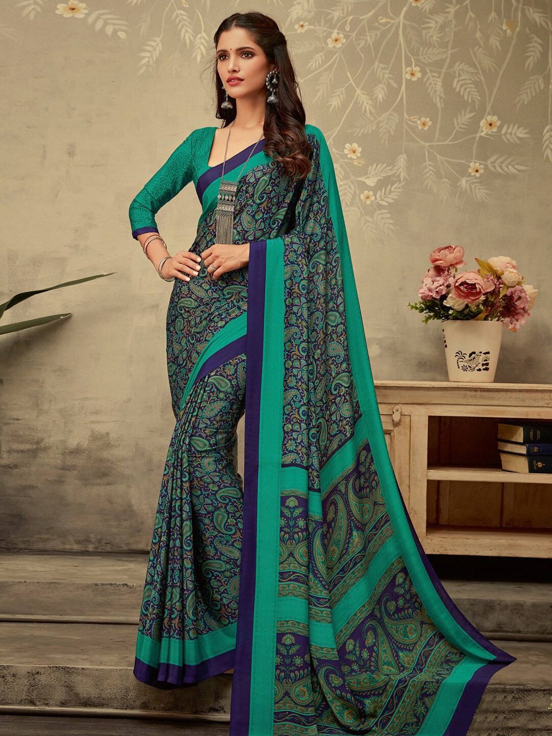 Mitera Bagh Poly Crepe Bagru Saree, Navy blue