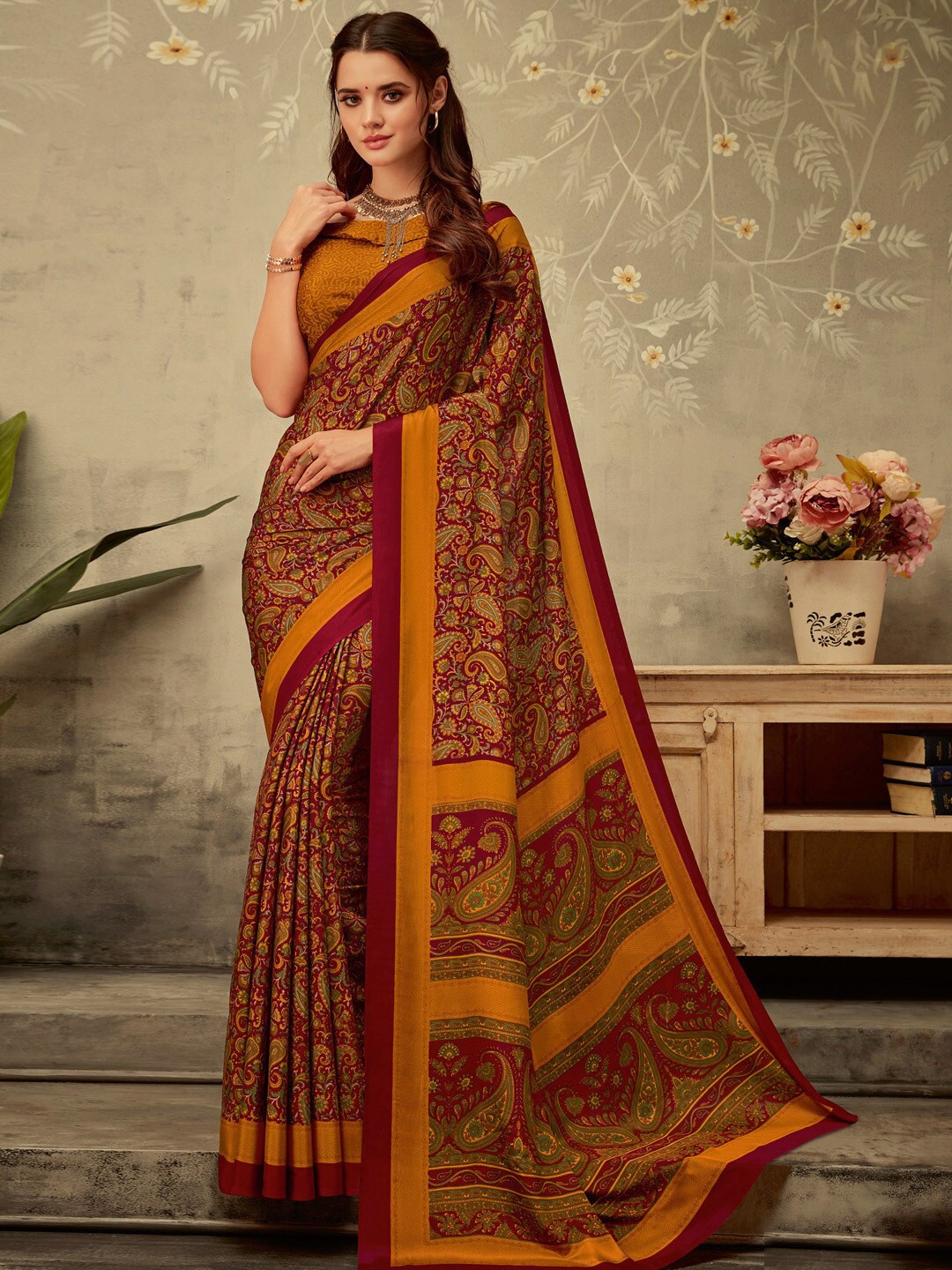 

Mitera Ethnic Motifs Printed Bagru Saree, Maroon