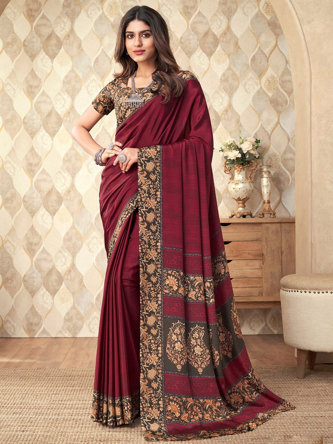 

Mitera Ethnic Motifs Poly Crepe Bagru Saree, Maroon