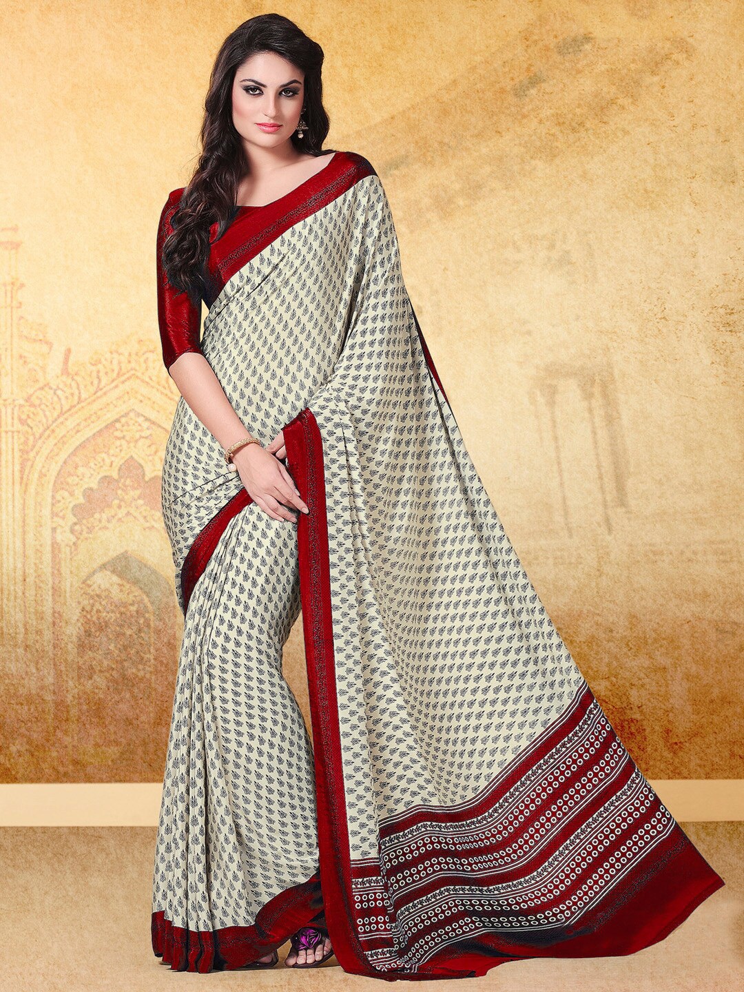 Mitera Ethnic Motifs Printed Pure Crepe Bagru Saree, Cream