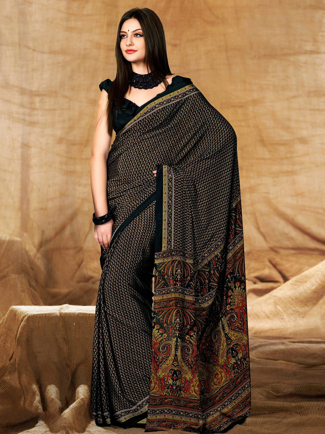 

Mitera Ethnic Motifs Printed Poly Crepe Bagru Saree, Black
