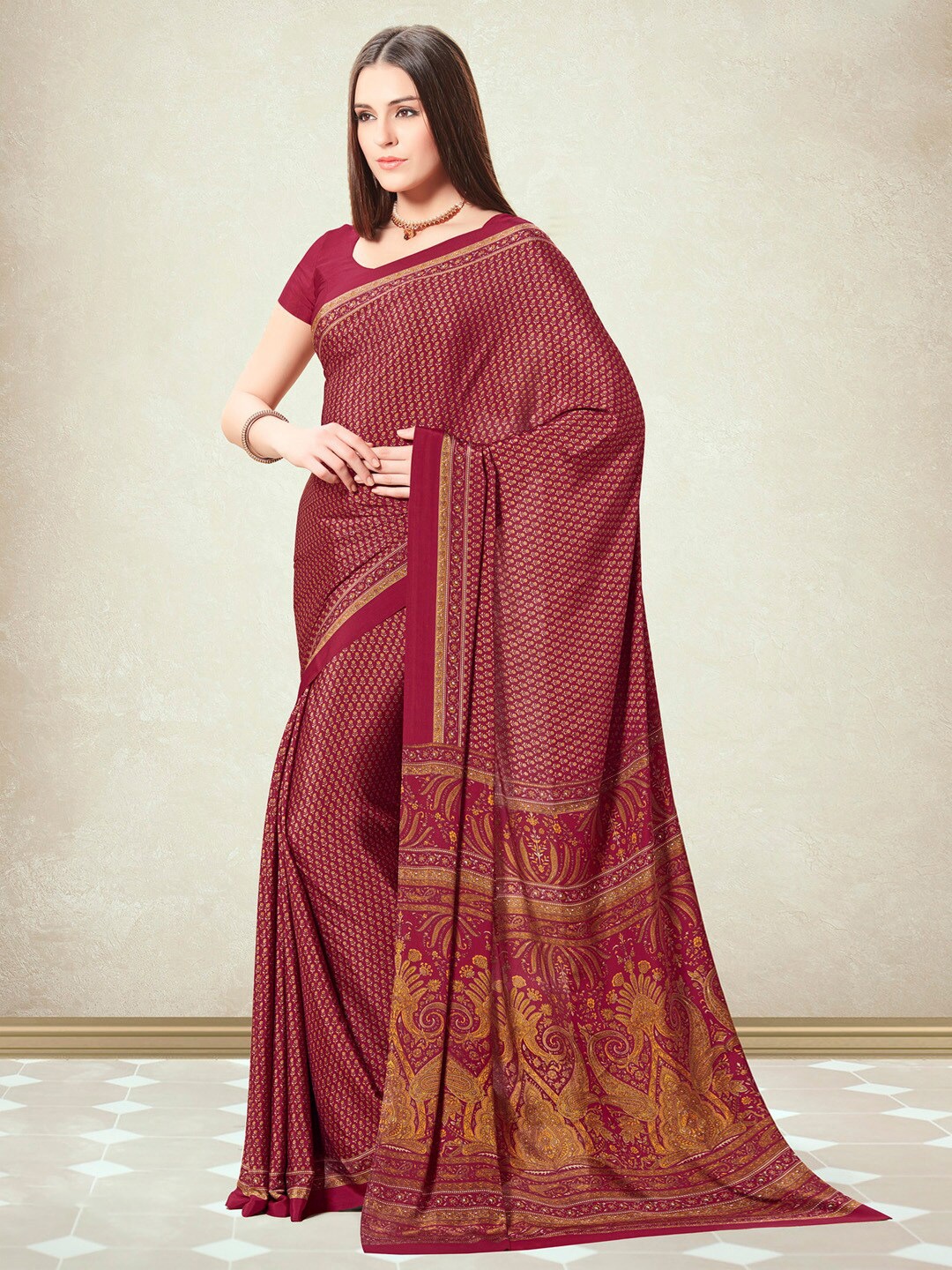 

Mitera Floral Printed Poly Crepe Bagru Saree, Maroon