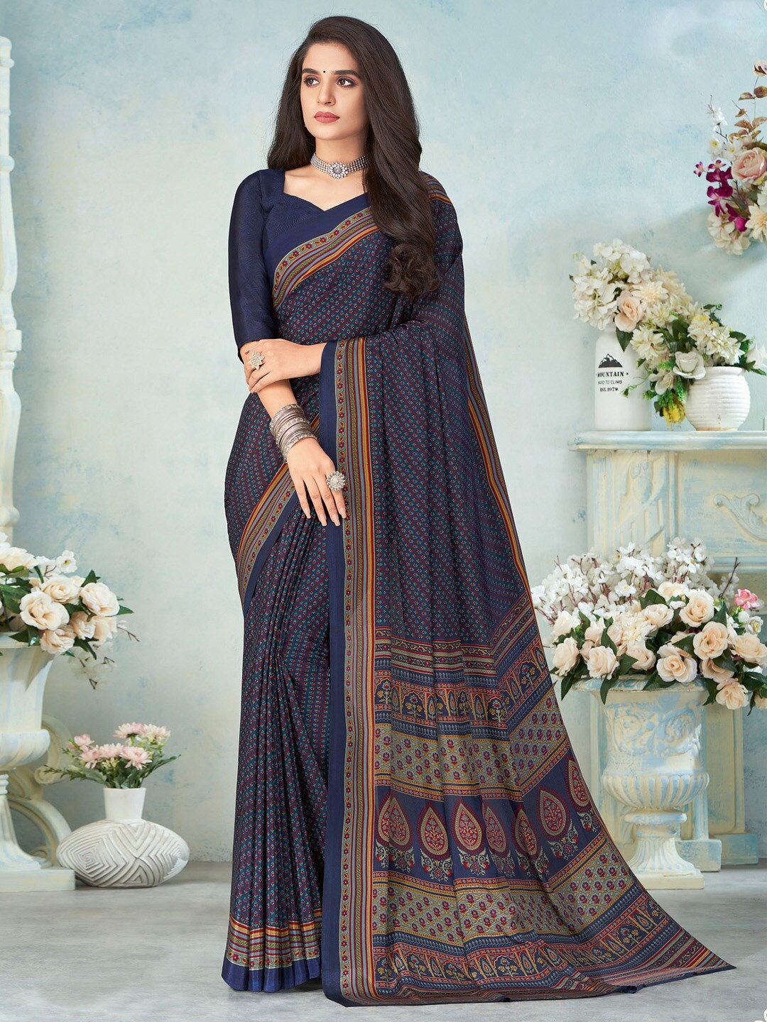

Mitera Ethnic Motifs Poly Crepe Bagru Saree, Navy blue
