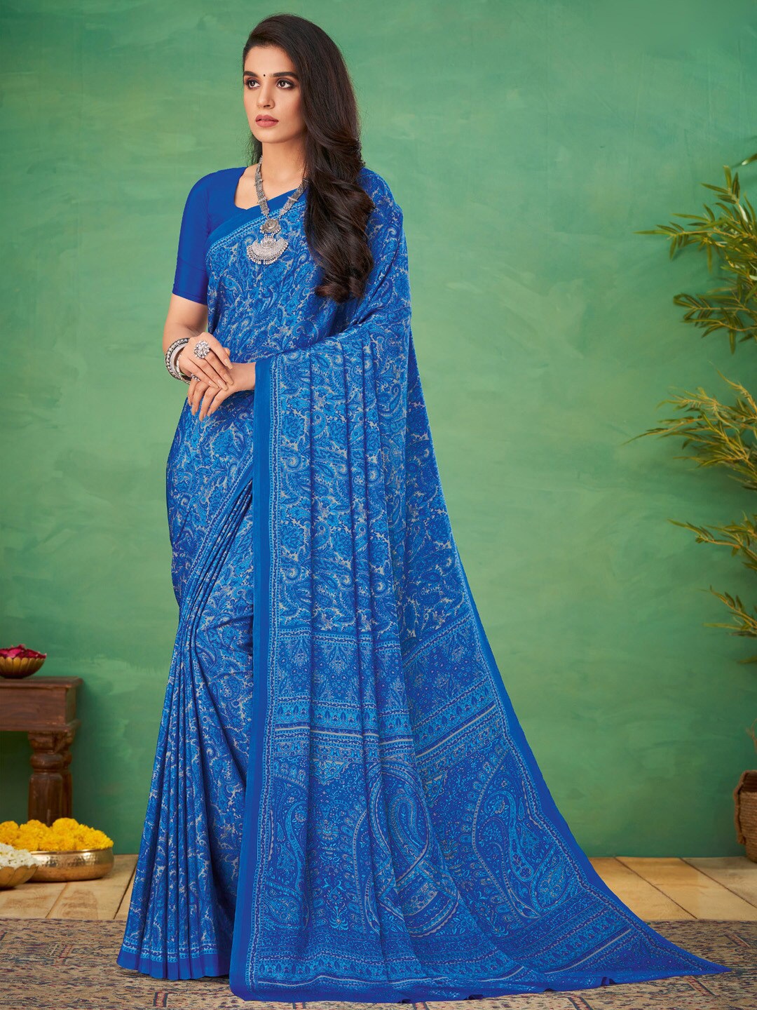 

Mitera Ethnic Motifs Printed Pure Crepe Bagru Saree, Blue