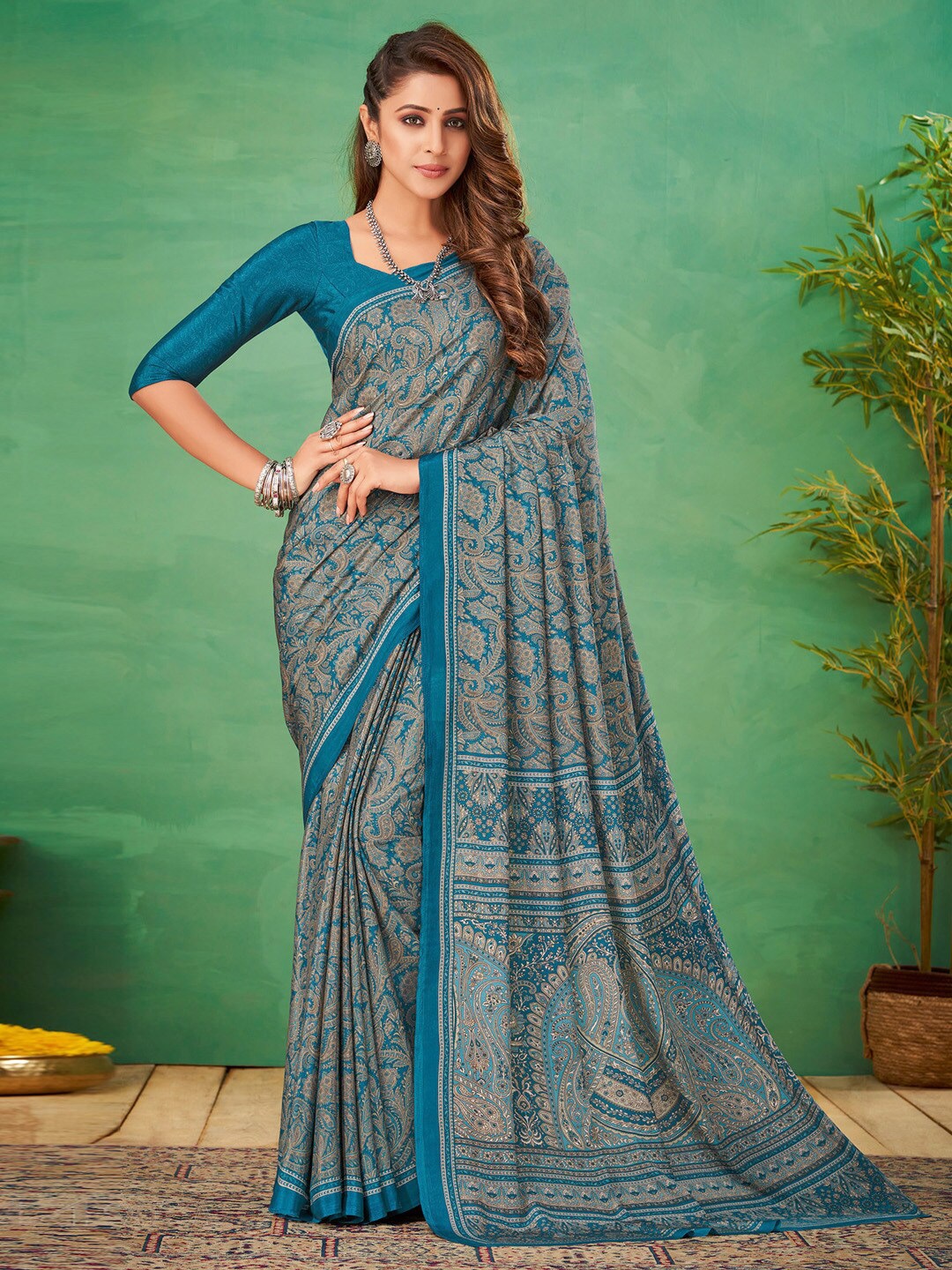 

Mitera Paisley Printed Bagru Saree, Blue