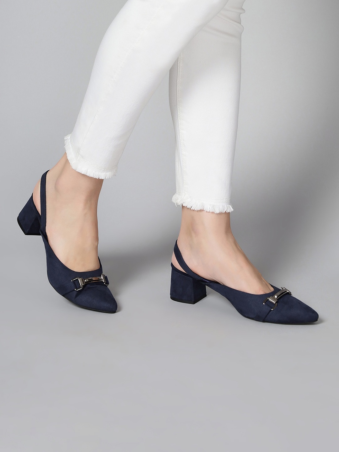 

T.ELEVEN Pointed Toe Buckles Detail Suede Block Heeled Pumps, Navy blue