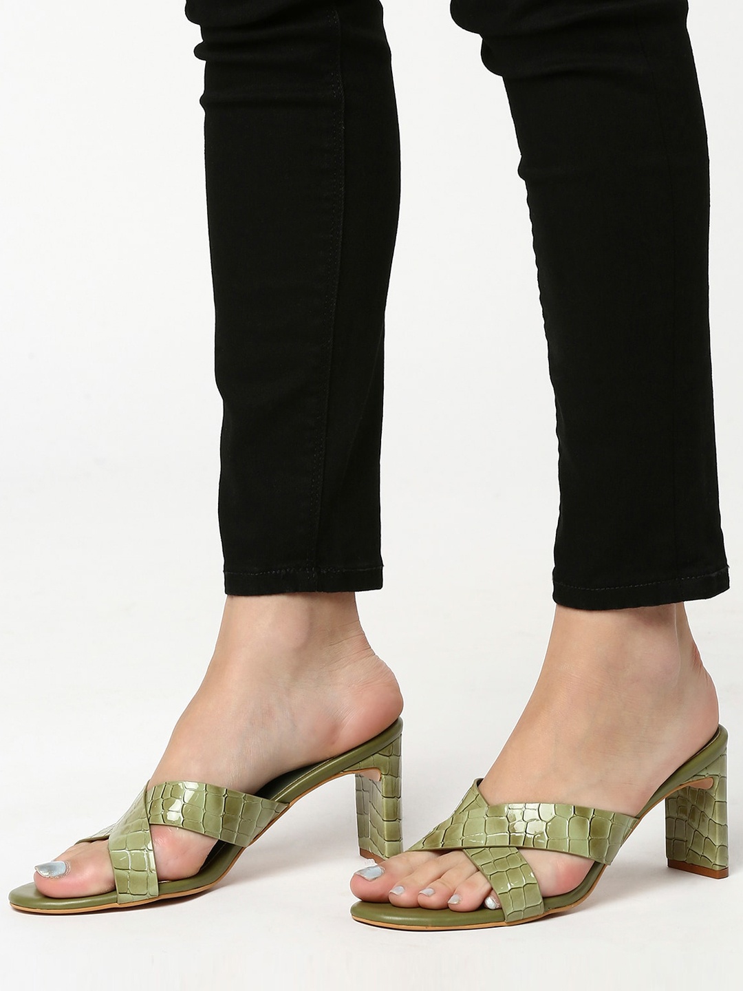 

T.ELEVEN Open Toe Textured Block Heels, Green