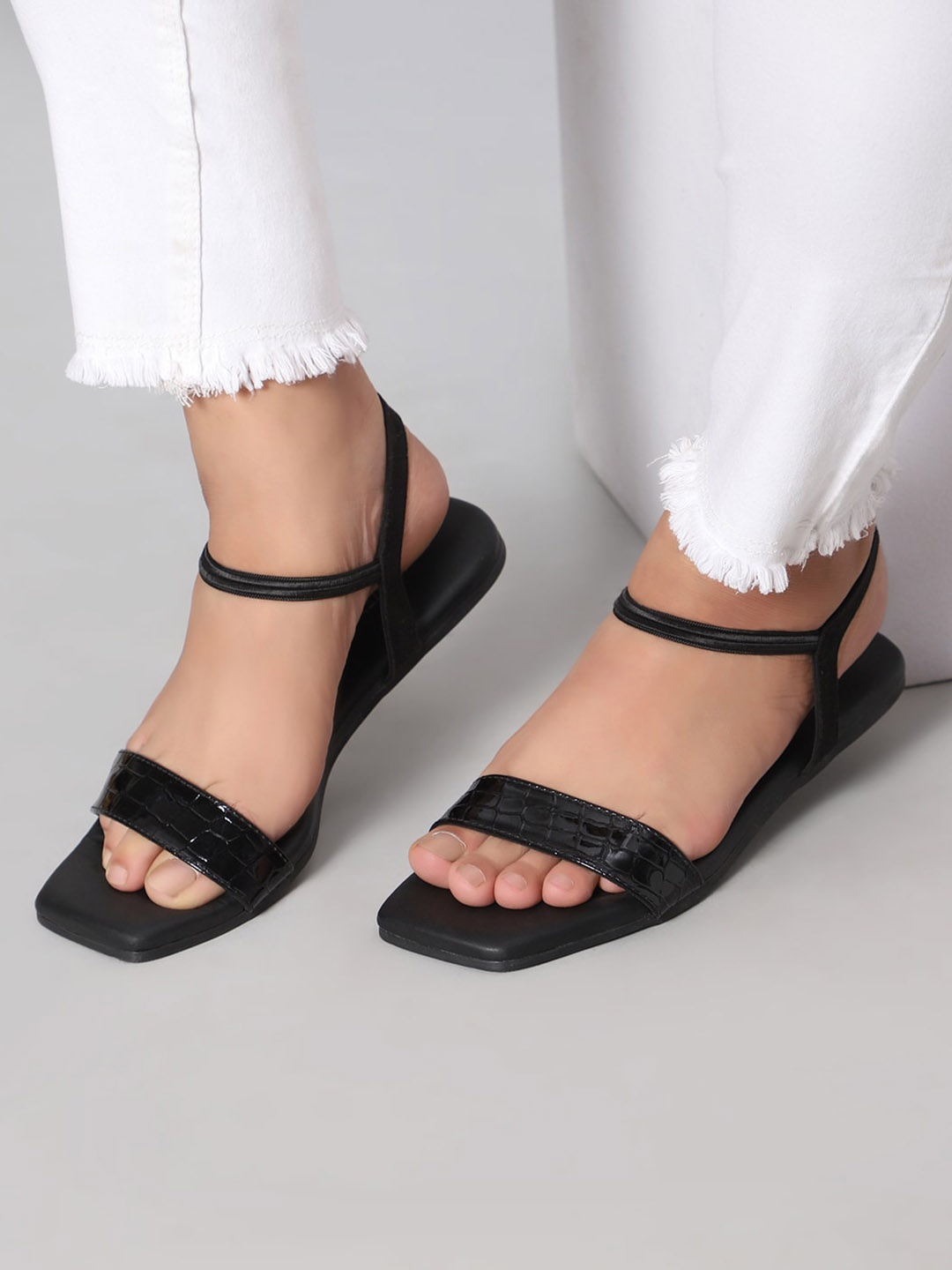 

T.ELEVEN Textured Open Toe Flats, Black