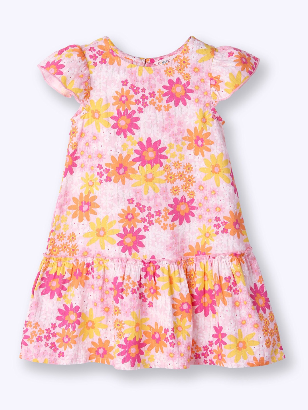 Beebay Girls Tropical Print Double Cloth Silver Lurex Dress, Orange