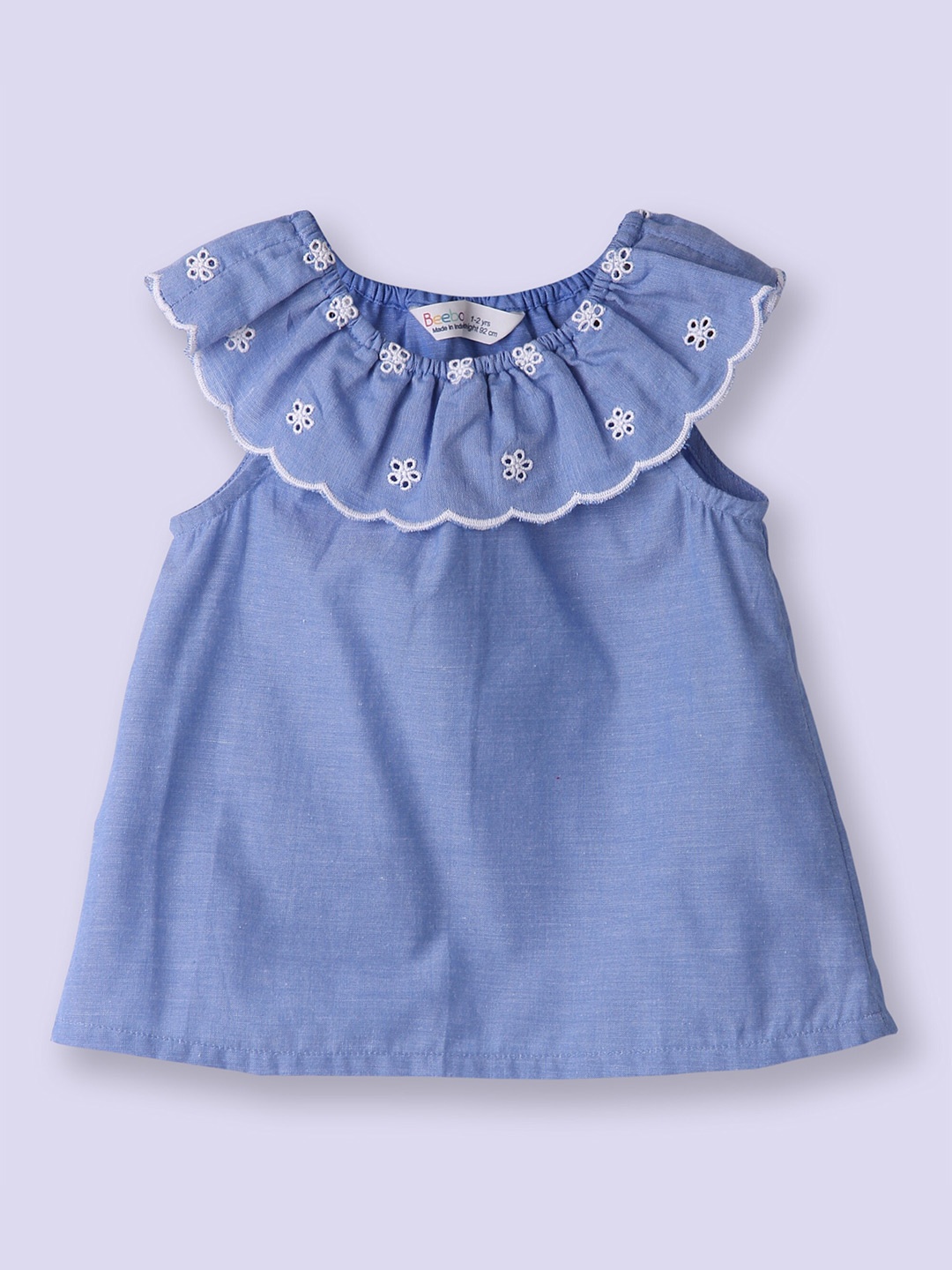 Beebay Girls Chambray Schiffli Neck Frill Top, Blue