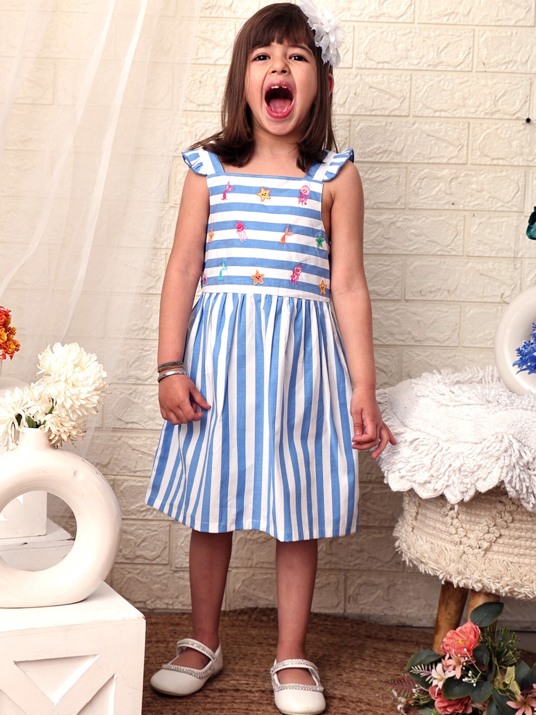 Beebay Girls Sea Motif Embroidered Striped Dress, Blue
