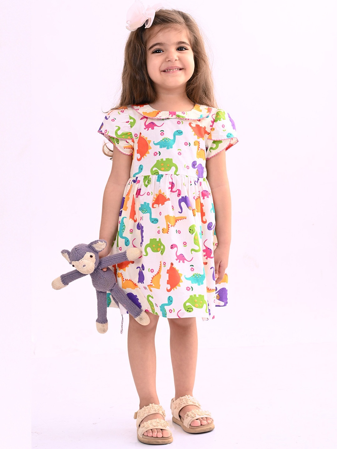 

Beebay Dinosaur Print Tulip Sleeve Dress, White