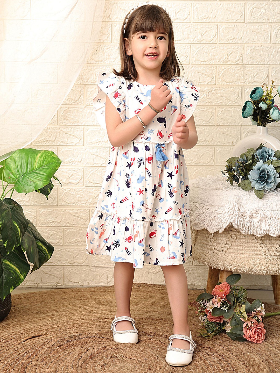 Beebay Girls Nautical Print Twill Dress with Tassel Bow, White