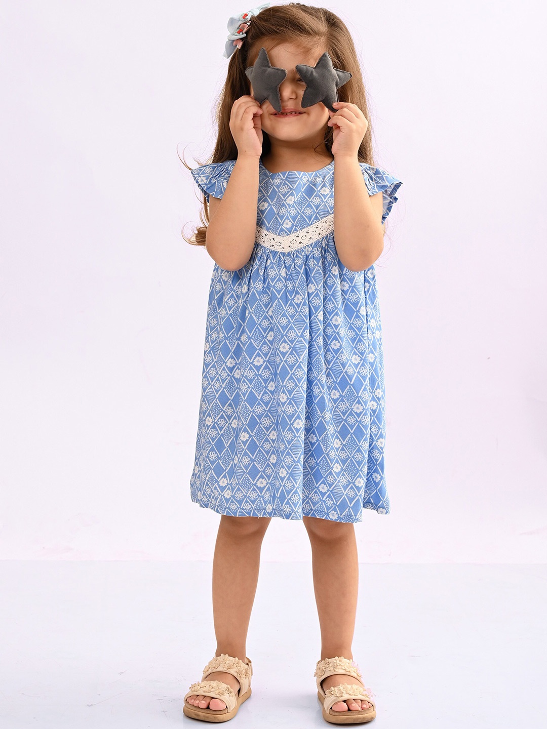 

Beebay Girls Lace insert Floral Printed Dress, Blue