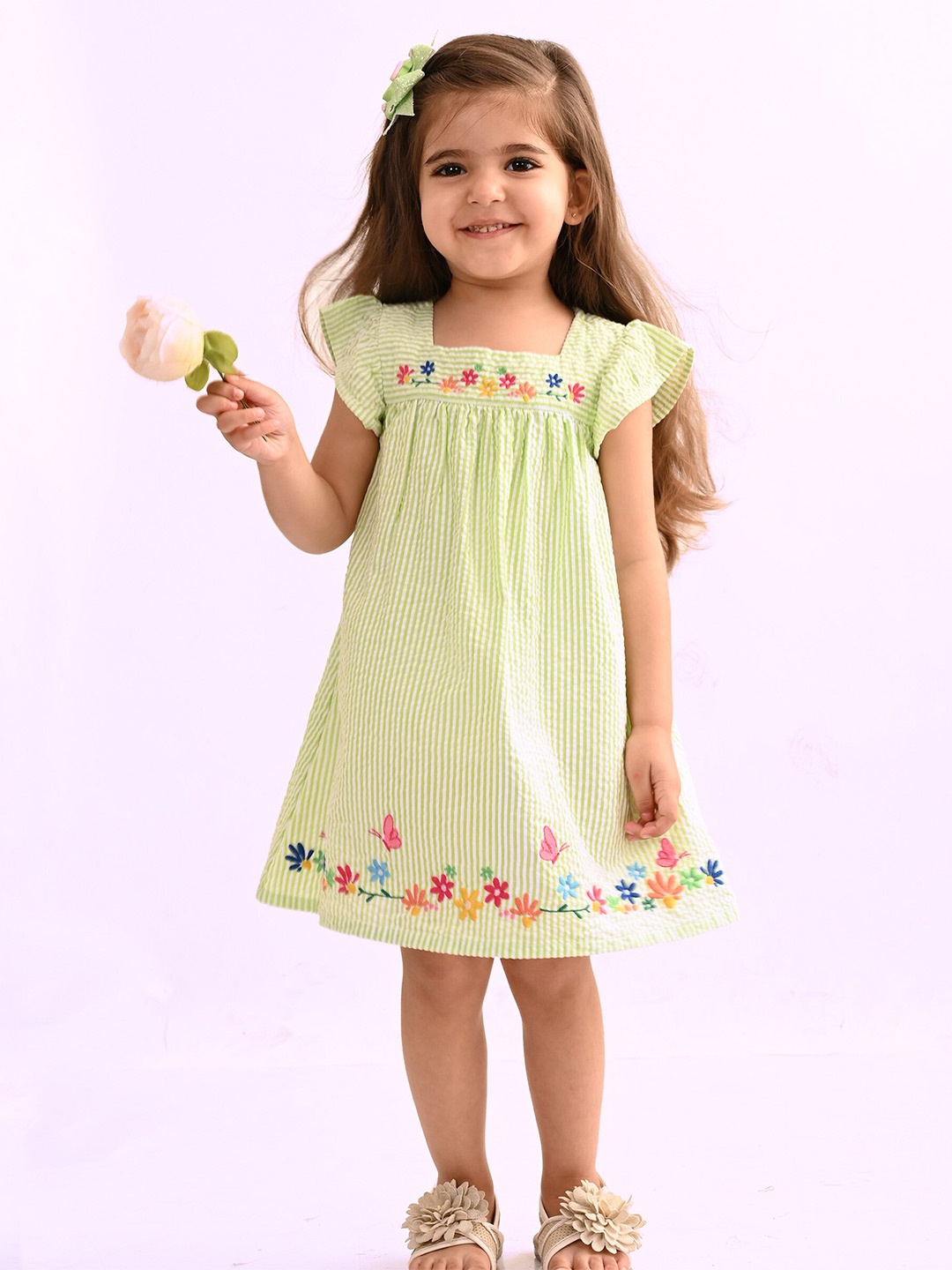 Beebay Lime Seersucker Stripe Embroidered Dress, Green