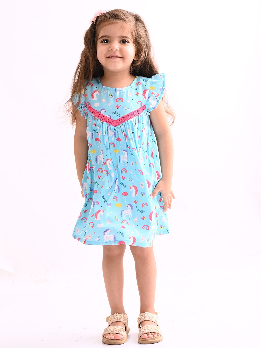 Beebay Lace insert Unicorn Printed Dress, Blue