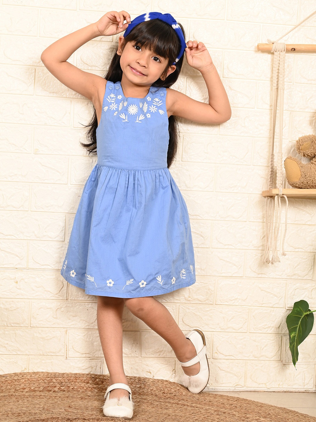 

Beebay Girls Floral Embroidered Cross Back Dress, Blue