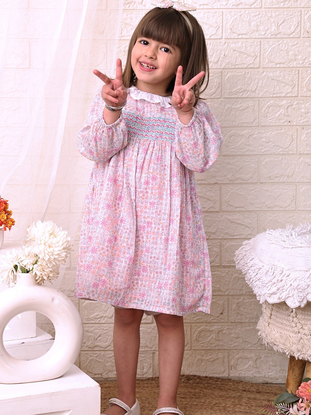 Beebay Girls Floral Print Smocked Frill Collar Dress, Pink
