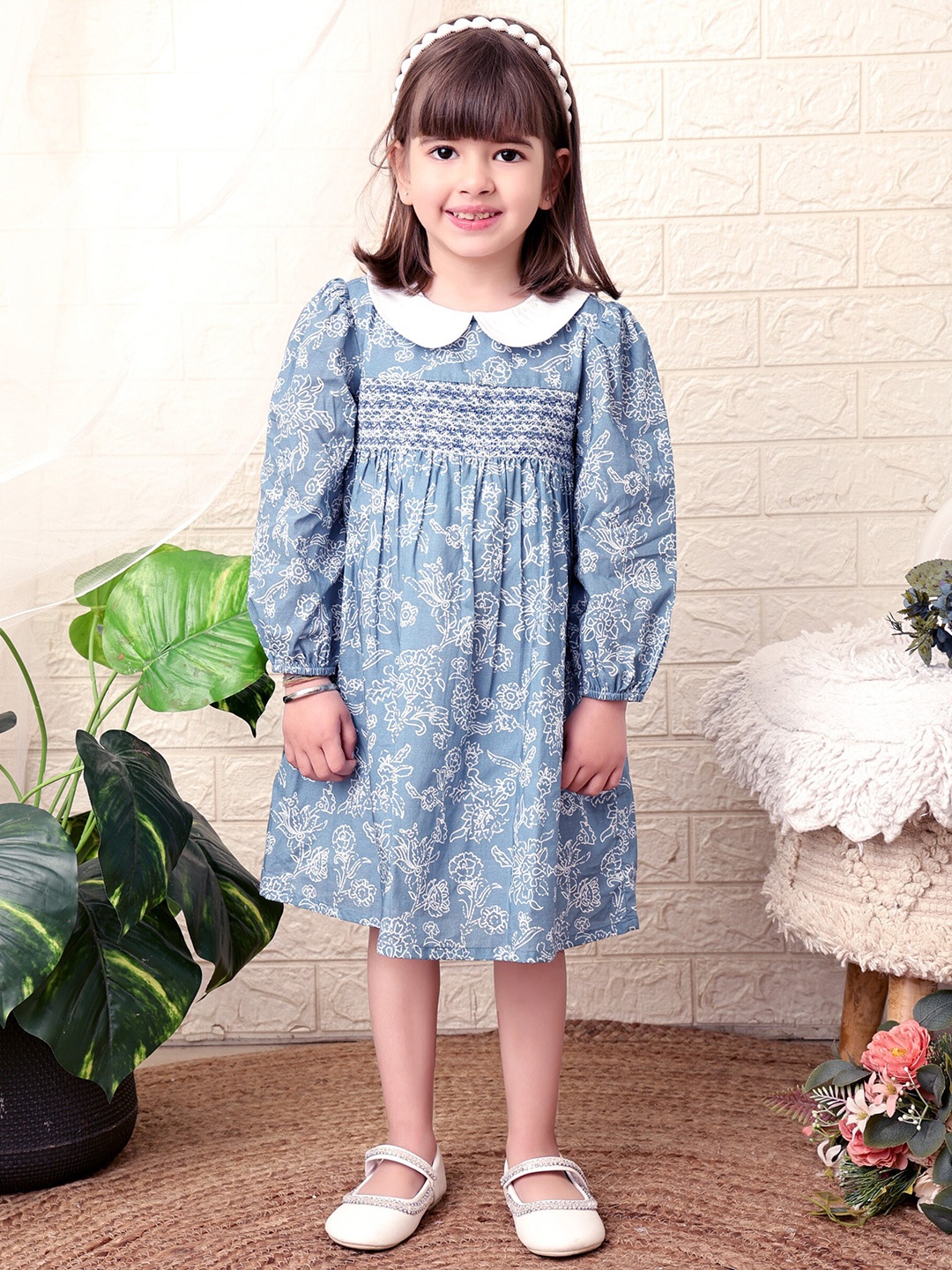 Beebay Girls Floral Print Peter Pan Collar Smocked Dress, Blue