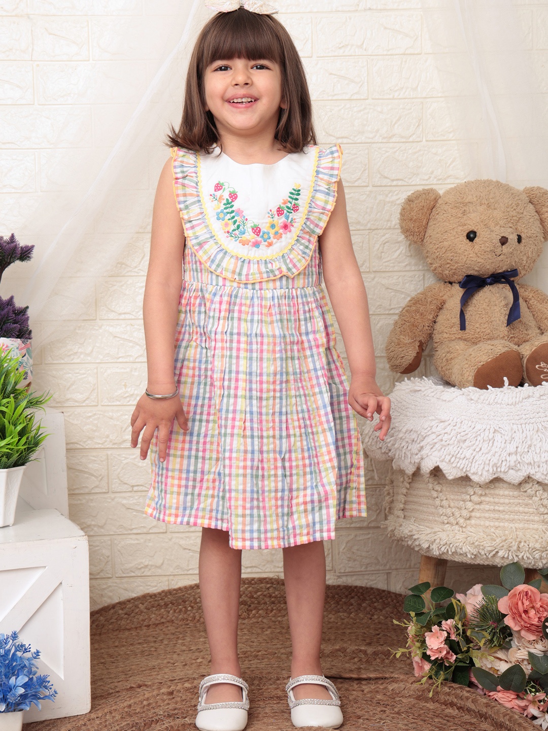

Beebay Girls Strawberry Embroidered Seersucker Checked Dress, Pink